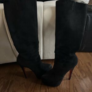 Black suede knee high five inch Christian Louboton boots